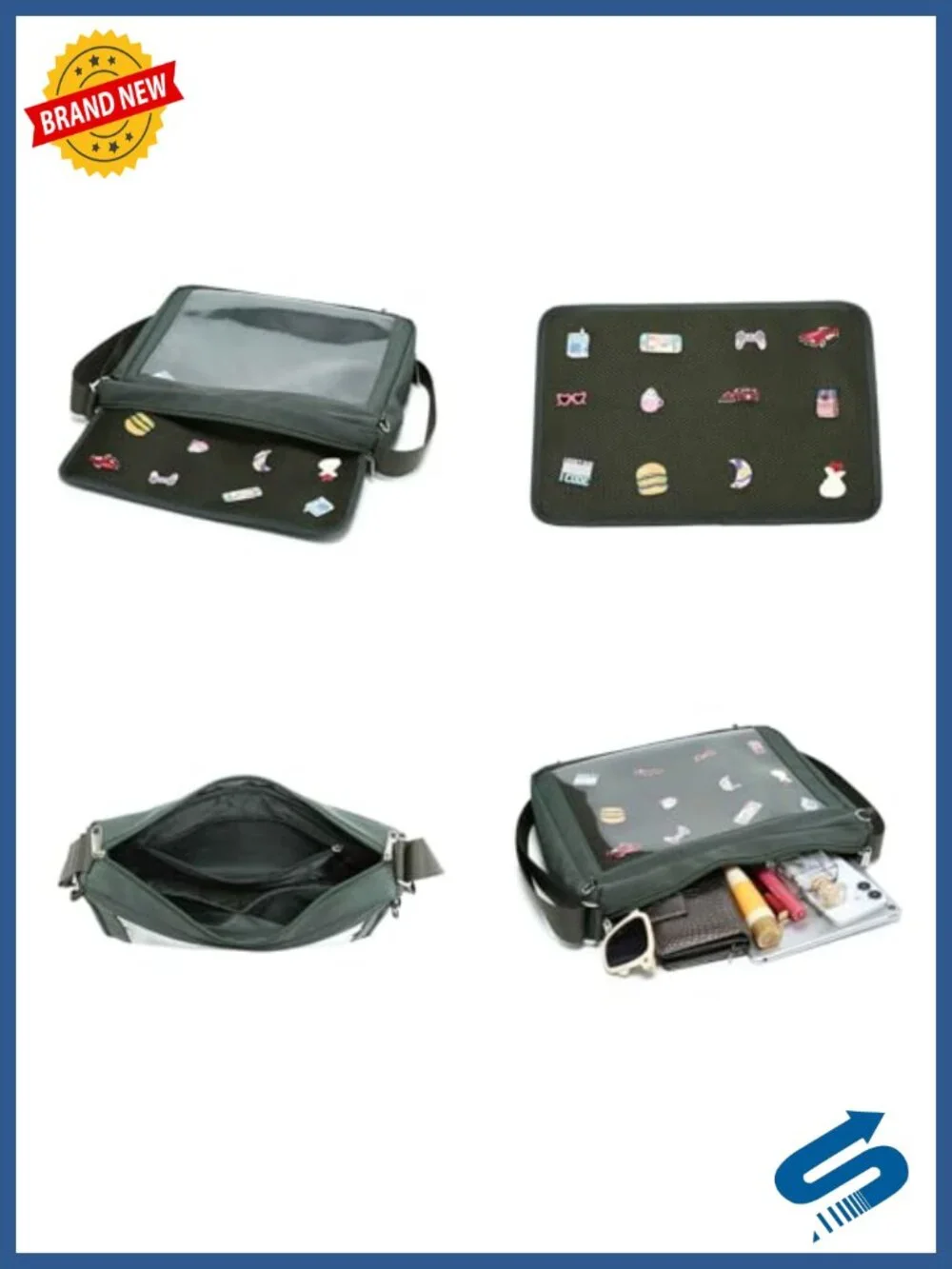 Canvas Crossbody Ita Bag with Clear Window for Pins, Adjustable Shoulder Strap,